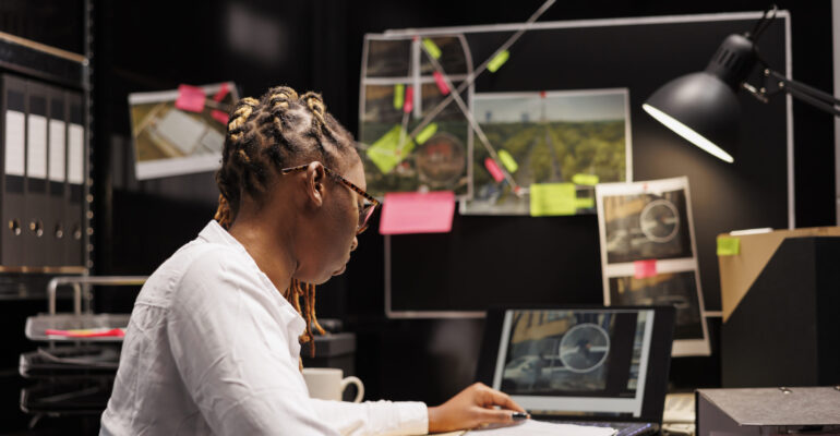 African american private detective studying clues in agency office